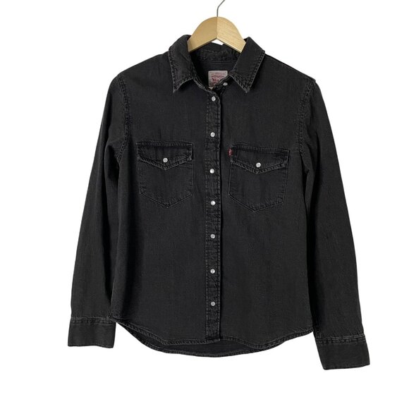 Levi's Western Shirt Top Womens Small Black Washed Denim Pearl Snap Long Sleeve - Picture 2 of 11